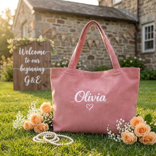 Personalized Bridesmaid Tote Bag | Bridesmaid Tote bag/gift bag | Corduroy Tote Bag | Tote Bag with Zipper | Name Bag | Wedding Party Gifts