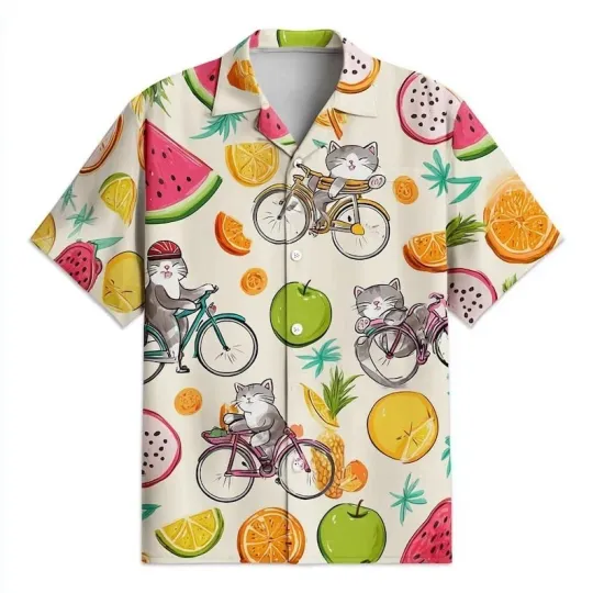 Discover Cute Cats on Bicycles with Fruit Shirt, Summer Vacation Aloha Shirt, Vacation Ha
