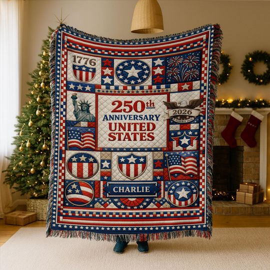 Discover Personalized 250th US Anniversary Woven Throw, 17762026 Patriotic American Sherpa Fleece Blanket,  USA Independence Gift