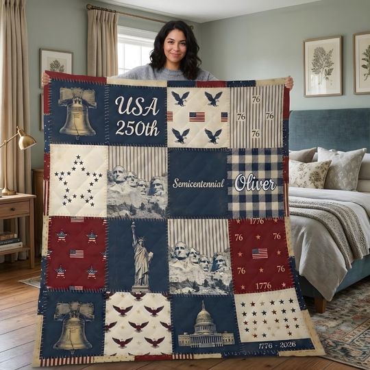 Discover Personalized USA 250th Anniversary Quilt Blanket For Oliver, Custom Semicentennial Patriotic Patchwork Quilt, American Pride Heritage Gift