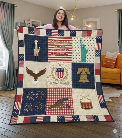 America 250th Anniversary Quilt Semiquincentennial Patriotic Blanket 1776 Heritage Gift For History Lovers Red White Blue Bedroom Decor