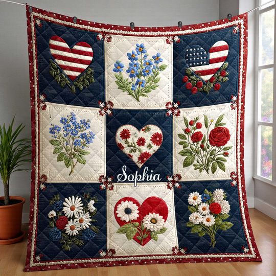 Patriotic USA Flower Quilt Blanket, Custom American Flag Heart Quilt Blanket, Custom 250th American Quilt Throw, 1776 2026 Quilt Blanket