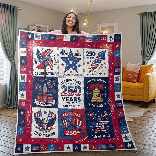 Discover Fabric Quilt Blanket: USA 250th Anniversary, 4th Of July Patriotic Icons