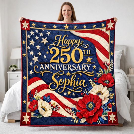 Personalized 250th Anniversary Blanket, Patriotic American Flag Throw, Custom Name USA 1776-2026 Quilt, Fourth Of July Decor Gift