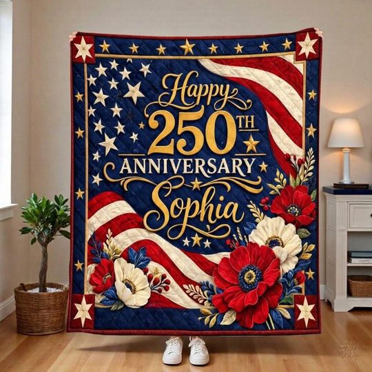 Personalized Happy 250th Anniversary Quilt Blanket USA Patriotic 1776 2026 Quilted Custom Name Gift For Family Home Decor