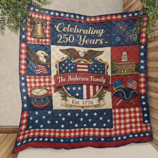 Discover Personalized 250th Anniversary Patriotic Quilt, Custom Family Name 1776 Blanket, USA Eagle Fireworks Liberty Throw Gift