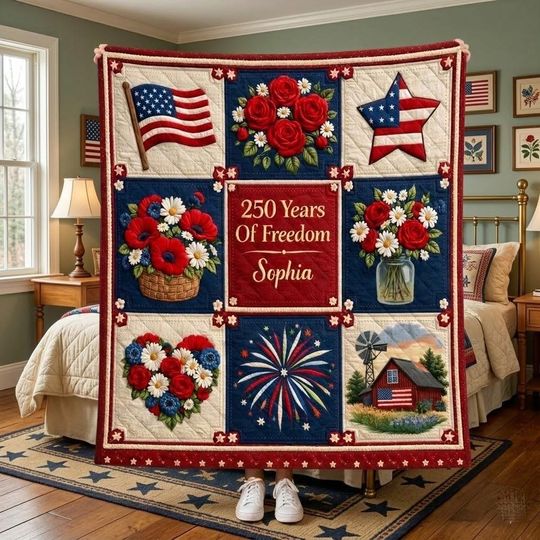 Personalized 250 Years Of Freedom Quilt Blanket USA Patriotic America 1776 2026 Quilted Throw Custom Name Gift For Family Home Decor