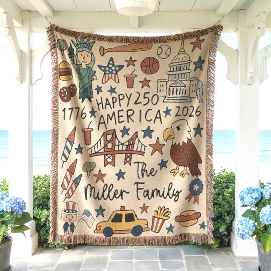 Discover Custom USA 250th Anniversary Woven Blanket - Personalized Fourth of July Picnic Throw - Family Name Tapestry