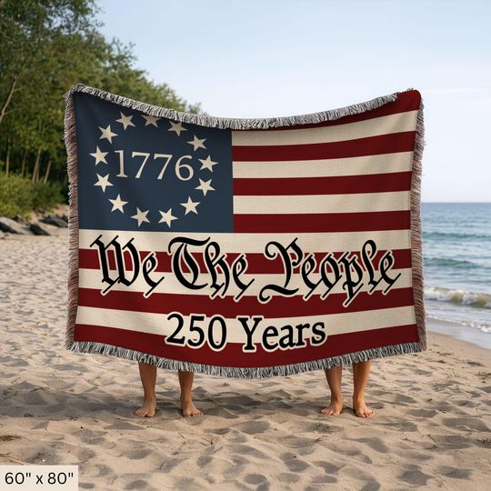 Discover Patriotic 250th Anniversary Woven Blanket, 250 Years American Flag Throw, USA Tapestry Blanket, 4th of July Gift, Americana Home Decor