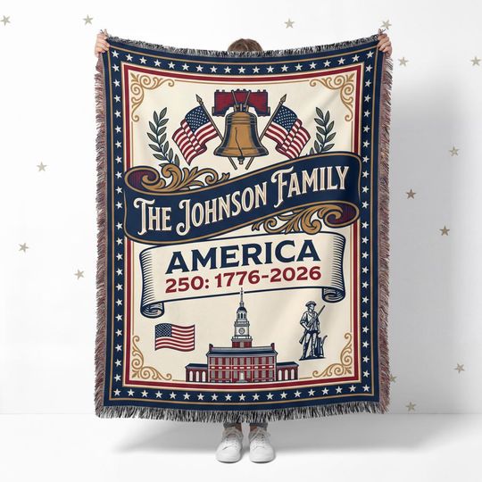 Discover Personalized USA 250th Anniversary Woven Blanket, Patriotic Family Name Throw, Semiquincentennial Gifts