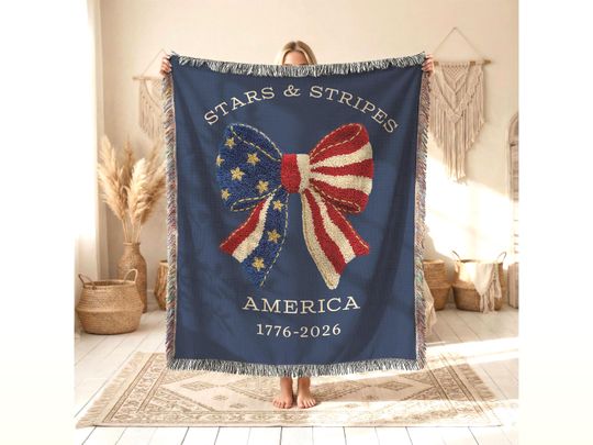 Discover Stars and Stripes Bow Woven Blanket Patriotic Coquette Throw America 1776-2026 Heirloom Decor