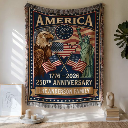 Discover 250th Anniversary Tapestry, Woven Throw Blanket, USA Patriotic Decor, American Independence Day