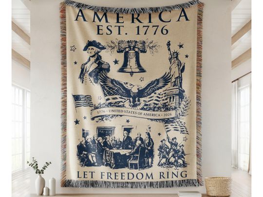 Discover America 250th Anniversary Woven Throw Blanket, 1776 To 2026 Commemorative Gift, Semiquincentennial Heirloom Tapestry, Patriotic Home Decor