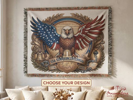 Discover America 250 Woven Blanket, USA 250th Anniversary 1776 Tapestry, Semiquincentennial Patriotic Cotton Wall Hanging, Americana Heritage Gift