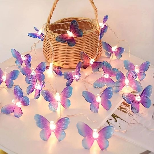 Blue Purple Butterfly LED String Lights, 10/20 Battery Powered Fairy Garland for Indoor Home Party Festival Decor