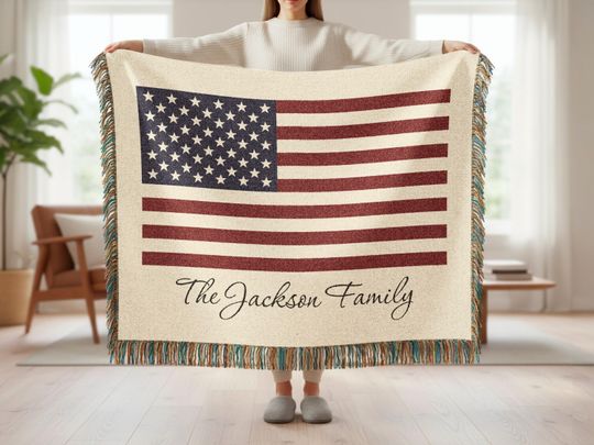 Personalized American Flag Woven Blanket, Custom Family Name, 250th Anniversary, USA Patriotic Gift, Home Decor, Memorial Day, Gift
