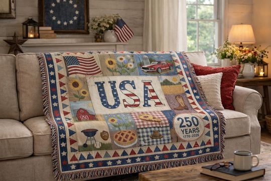 Discover Patriotic Woven Blanket, USA 250 Anniversary Gift, Americana Fourth of July Home Decor Throw
