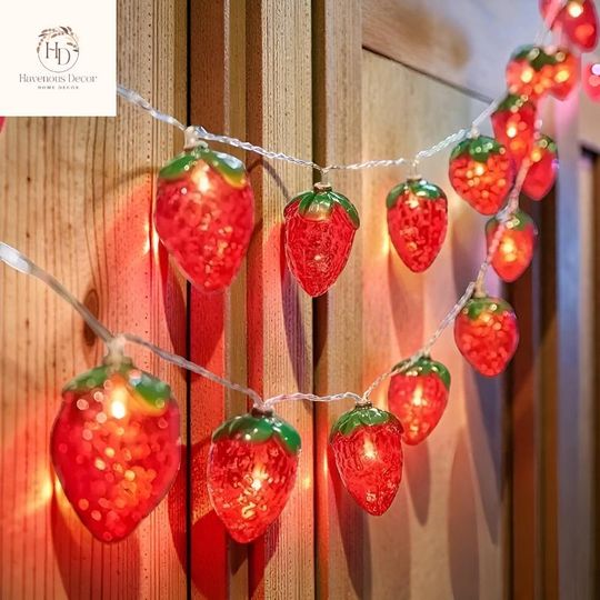 Strawberry String Lights | Cute Fruit LED Fairy Lights for Bedroom Decor | Kids Room | Kitchen Aesthetic | Cozy Home Lighting