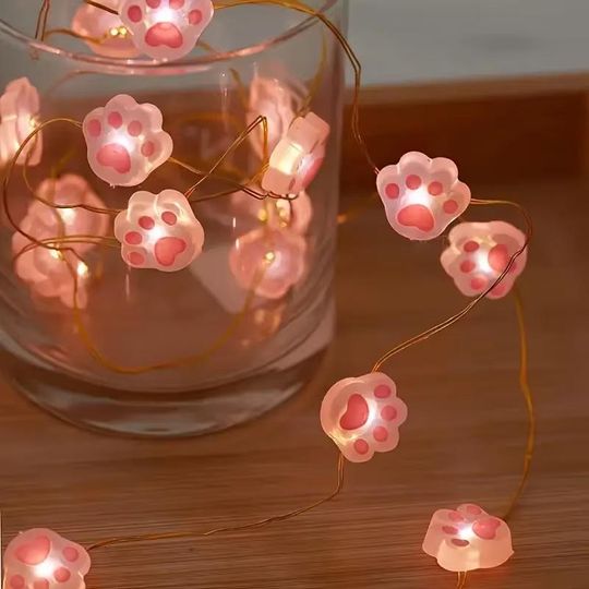 Pink Cat Paw String Lights  Cute Hanging Copper Fairy Lights for Party or Room Decor