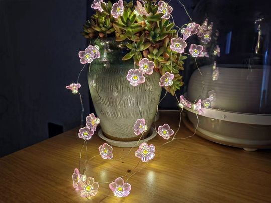 Handmade Pink Cherry Blossom Fairy Lights: Copper String Wedding Decor