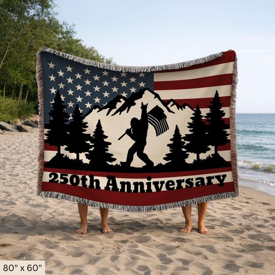 Discover Patriotic Bigfoot 250th Anniversary Woven Blanket, American Flag Throw, USA Tapestry Blanket, 4th of July Gift, Rustic Americana Home Decor