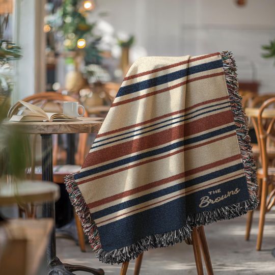 Discover Personalized American Flag Woven Blanket, Custom Family Name Throw, Red White Blue Modern Stripe 250th Anniversary Gift