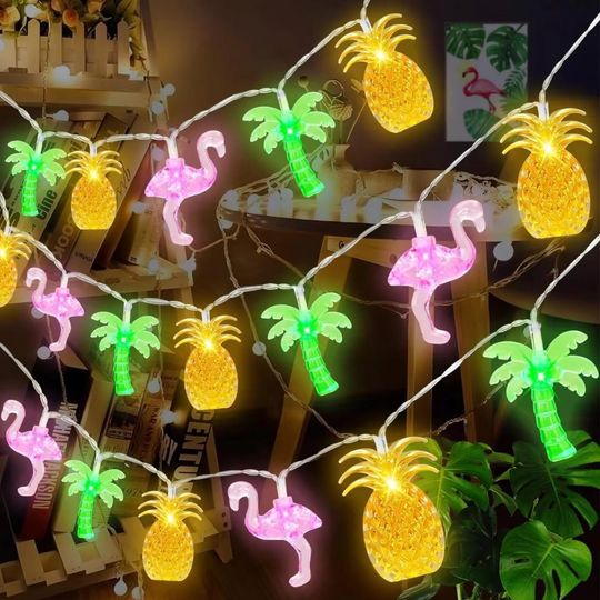 Flamingo Pineapple Palm Tree String Lights Battery Operated Tropical Party Decor, Wedding Lights, Summer Room Garland