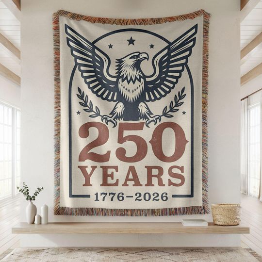 Discover 250 Years American Eagle Woven Blanket, 1776 Patriotic Throw, Vintage Americana Blanket, USA Anniversary Gift, Neutral Patriotic Decor