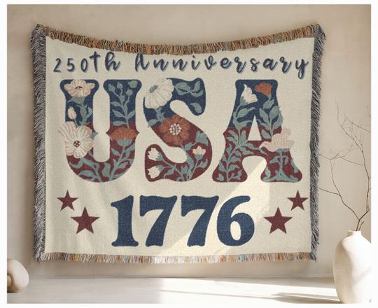 Discover 250th Anniversary Floral Patriotic Woven Blanket, 1776 Keepsake Gift, Red White Blue USA Woven Heirloom Throw, 4th of July Independence Day