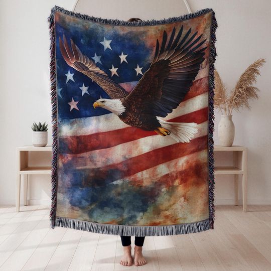 American Flag Woven Blanket Patriotic Cozy Cabin Blanket USA Flag Bald Eagle Wildlife Decor America 250 Red White Blue Tapestry