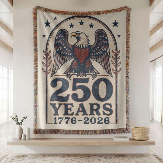 Discover 250 Years American Flag Woven Blanket, 1776 Patriotic Throw, USA Anniversary Gift, Eagle Blanket, Fourth of July Decor, America 250 Gift