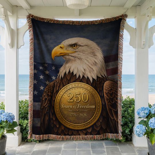 Discover 250 Years of Freedom Eagle Blanket, Patriotic Woven Throw, USA Independence 17762026, American Flag Gift