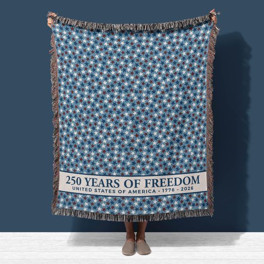 Discover Woven USA July 4 Blanket, Blue Stars 250 Years Freedom 1776 Semiquincentennial, Jacquard Throw or Tapestry