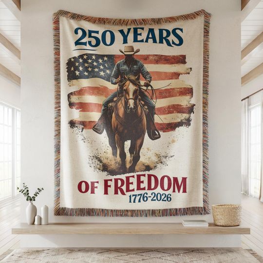 Discover 250 Years of Freedom Woven Throw Blanket, American Cowboy Tapestry, Patriotic USA Flag Decor