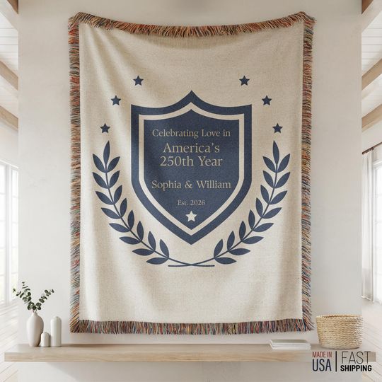 Discover Personalized America 250 Woven Blanket, Custom Couple Anniversary Gift, Crest Style Design, Together Since Year Tapestry
