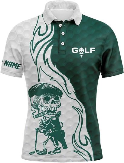 Discover Men's Green and White Golf Polo Shirt with Custom Name, Short Sleeve Multicolor Golf Apparel