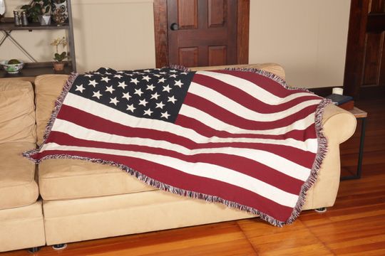 Discover American Flag Woven Tapestry Throw Blanket, Large Soft Comforting, Artistic Textured Design 100% Cotton Made in USA 70x50