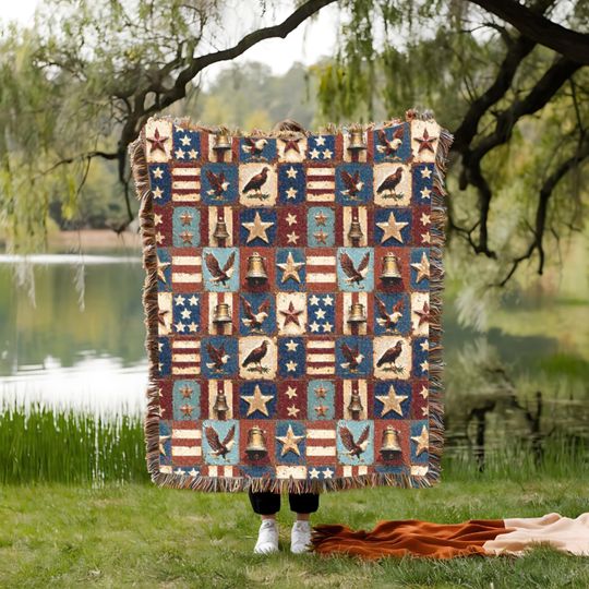 Discover Patriotic Patchwork Woven Blanket: Retro Americana Farmhouse Couch Decor, Celebrate 250 Years of Freedom Wall Tapestry