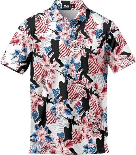 Men's Tropical Golf Pattern Polo Shirt Short Sleeve Button Up Vintage Polo