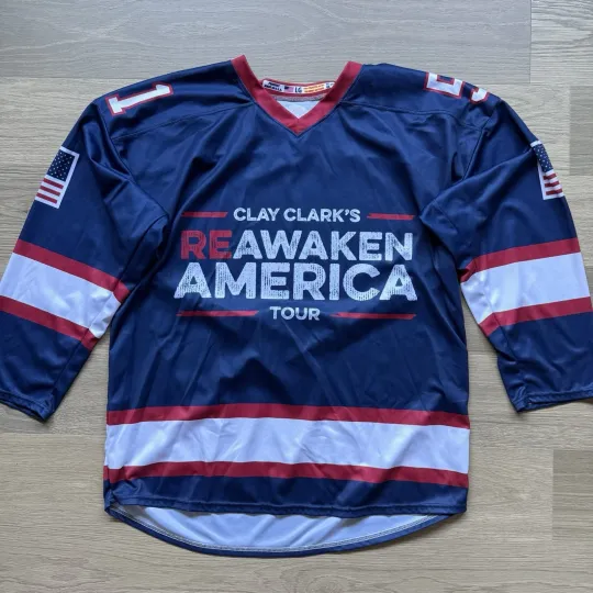 Discover Men's Hockey Jersey Reawaken America Tour Patriotic Trump MAGA USA Flag Large