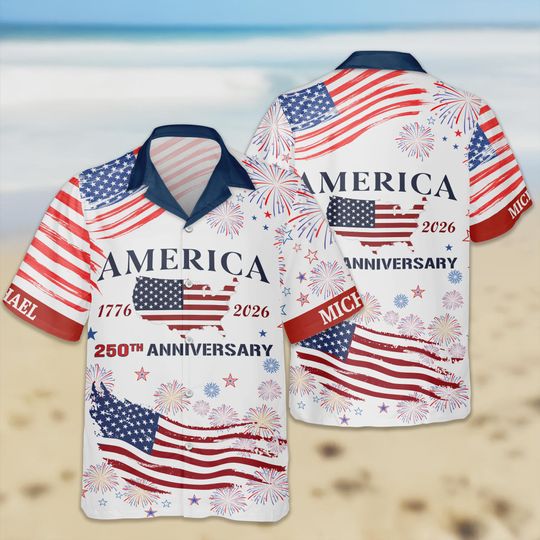 Discover Personalized USA 250th Anniversary Hawaiian Shirt  Custom Name Patriotic Eagle 1776-2026