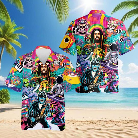 Discover Psychedelic Reggae Hawaiian Shirt, Trippy Music Aloha Shirt, Rasta Skull Alien Art Shirt