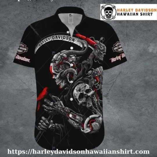 Discover Cyborg Skull Art Harley Motor Racing Davidsonn Hawaiian Shirt for Men