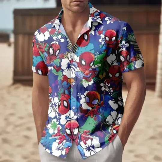 Marvel Spider Man Chibi Tropical Beach Purple Summer Aloha Hawaiian Shirt