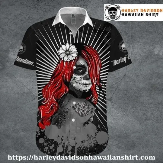 Discover Red Hair Gothic Beauty Harley Motor Racing Davidsonn Davidson Hawaiian Shirt