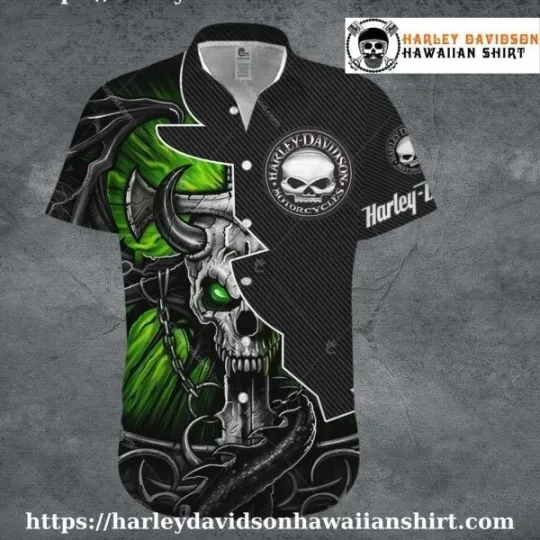 Discover Green Demon Skull Harley Motor Racing Davidsonn Davidson Hawaiian Shirt Men