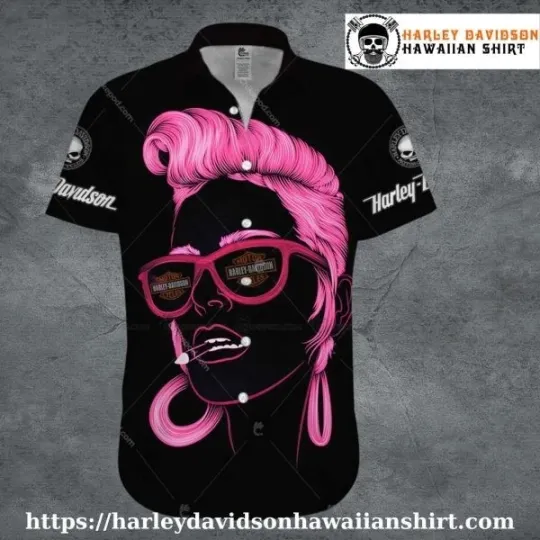 Discover Pink Retro Woman Harley Motor Racing Davidsonn Davidson Hawaiian Shirt Women