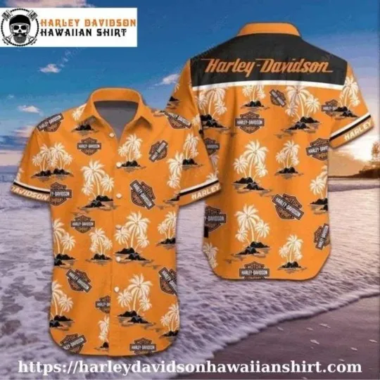 Discover Orange Palm Island Harley Motor Racing Davidsonn Davidson Aloha Shirt for Men