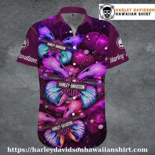 Discover Purple Butterfly Burst Harley Motor Racing Davidsonn Davidson Hawaiian Shirt Wom