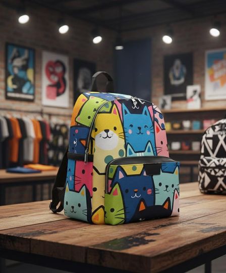 Kids Cat Backpack: Colorful Cartoon Design - PU Leather Durable
